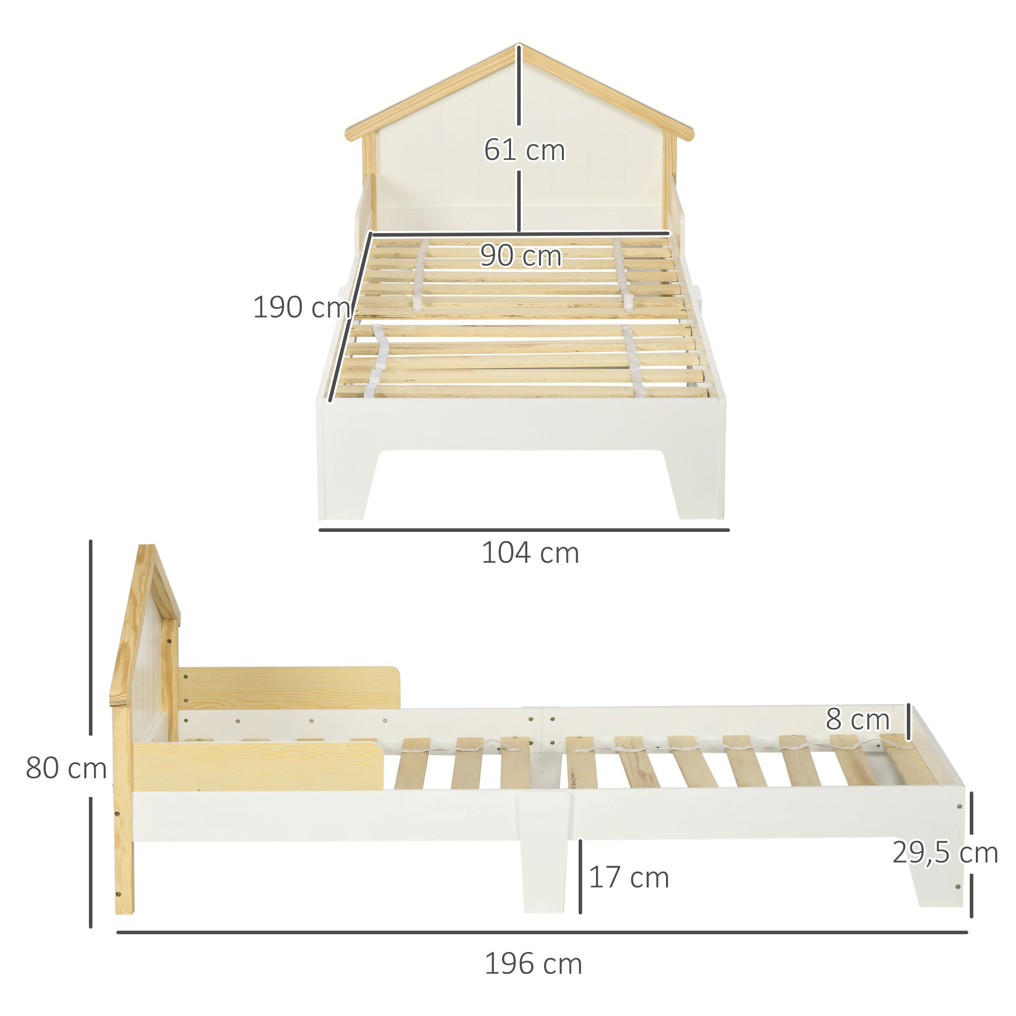 Lit enfant design maison dim. 90 x 190 cm - structure lit avec tête de lit et sommier à lattes inclus - bois pin MDF blanc aspect bois clair