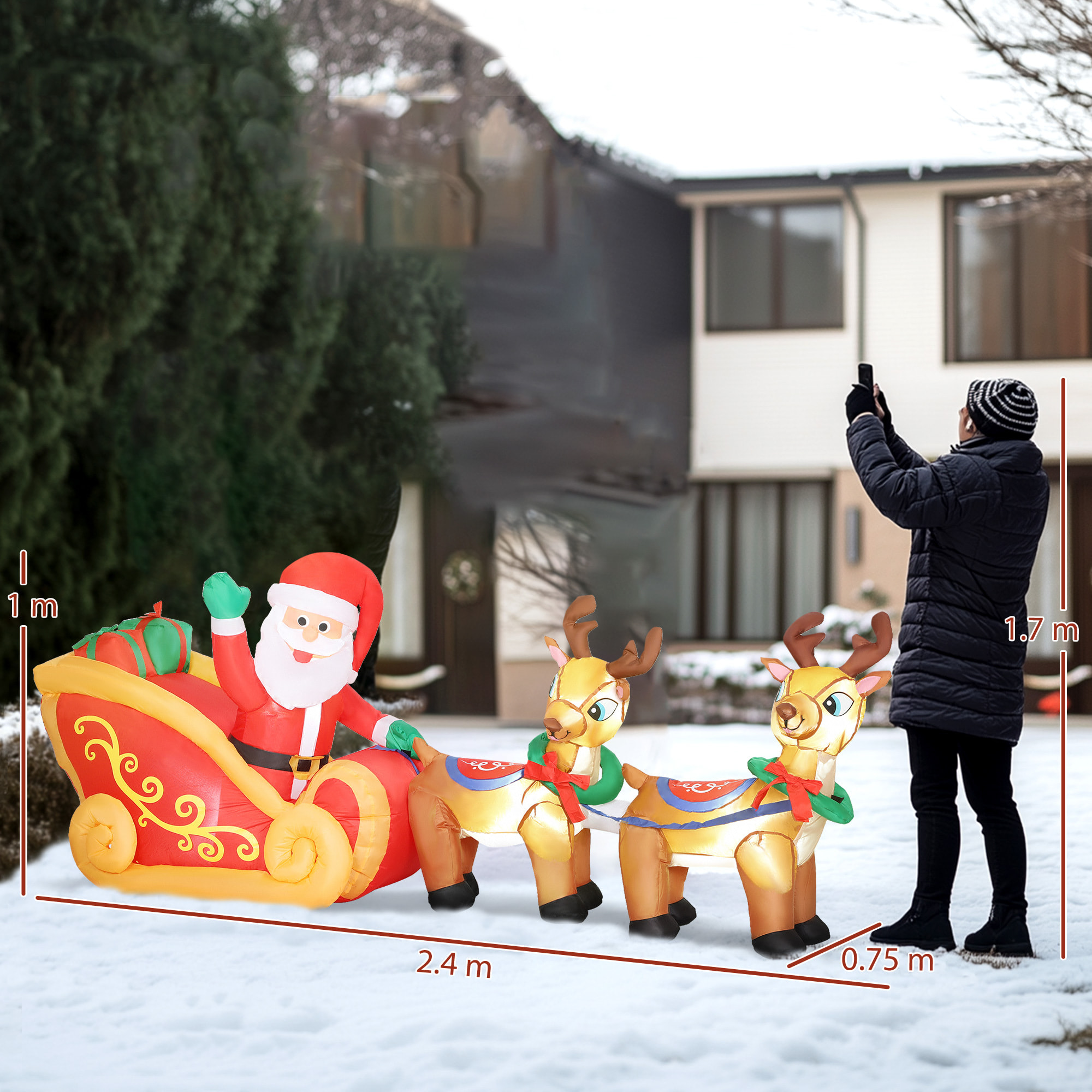 Outsunny Babbo Natale Gonfiabile con Slitta e Renne da 2.4m con 6 Luci LED e Gonfiatore per Esterni e Interni