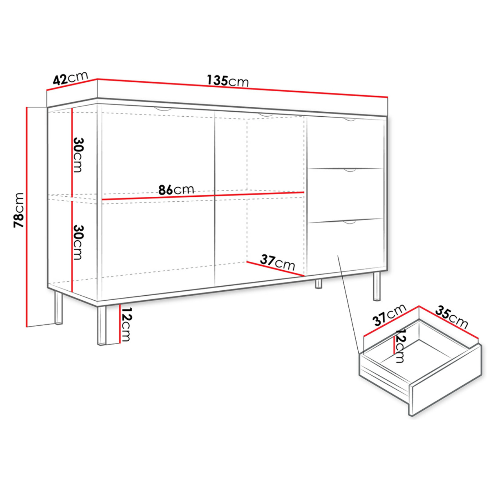 Hope - buffet bas 135 cm - 3 tiroirs et 2 portes - Blanc / Doré