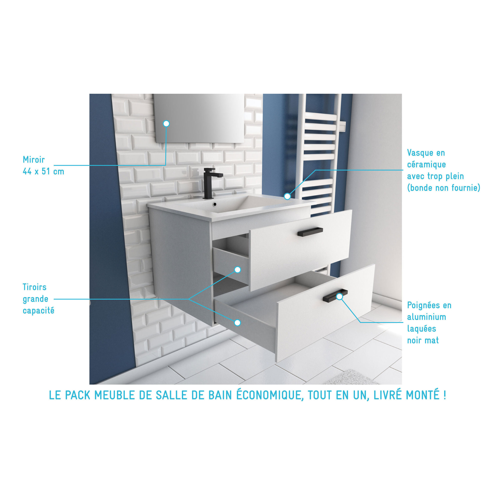 Meuble salle de bain 60 cm suspendu 2 tiroirs Blanc avec vasque et miroir - BOX-IN