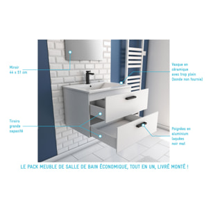 Meuble salle de bain 60 cm suspendu 2 tiroirs Blanc avec vasque et miroir - BOX-IN