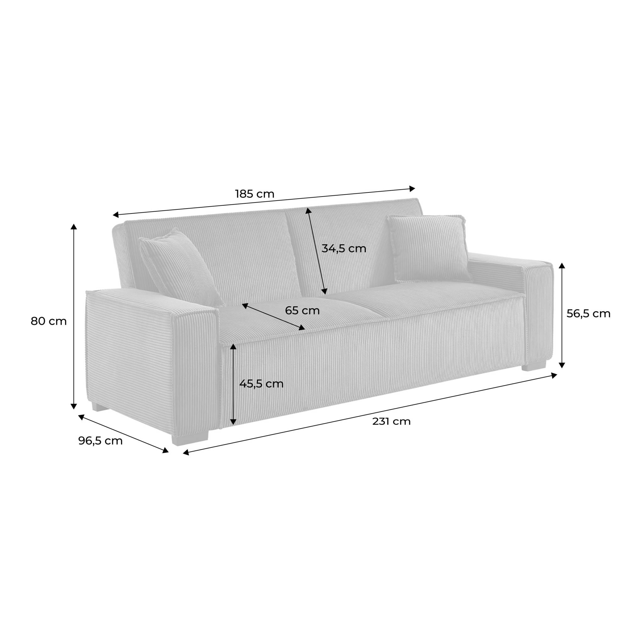 Canapé convertible 3 places beige velours côtelé L 231 x P 96.5 x H 80cm