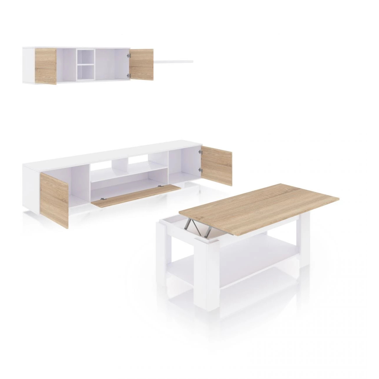 Pack salón con mesa de centro Kenzo Plus V1 Blanco Artik (Blanco Mate) - Roble Canadian