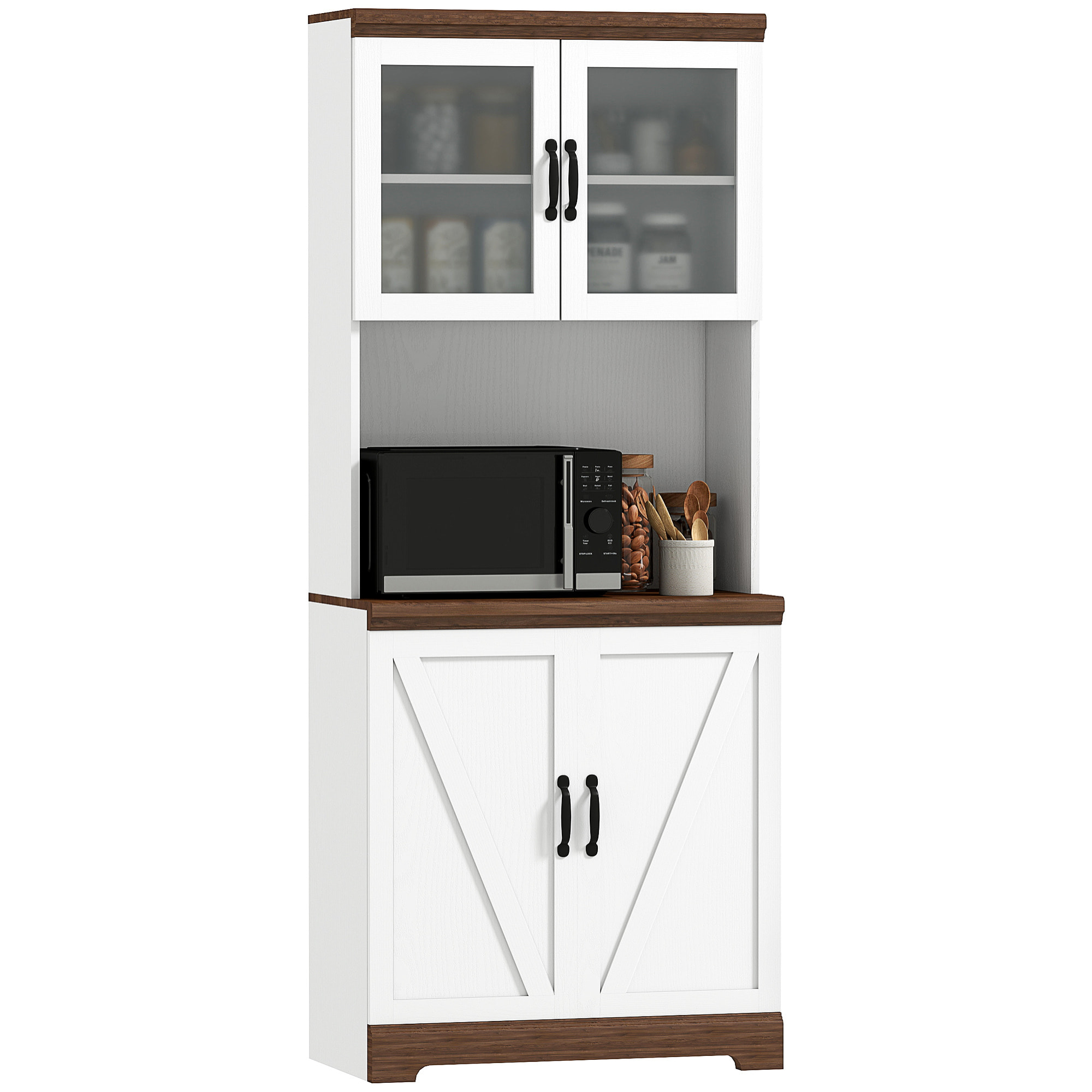 Alacena de Cocina Mueble Auxiliar de Cocina Aparador Alto con 2 Puertas de Vidrio Estantes Ajustables y Compartimentos Abiertos 72x40x178 cm Blanco