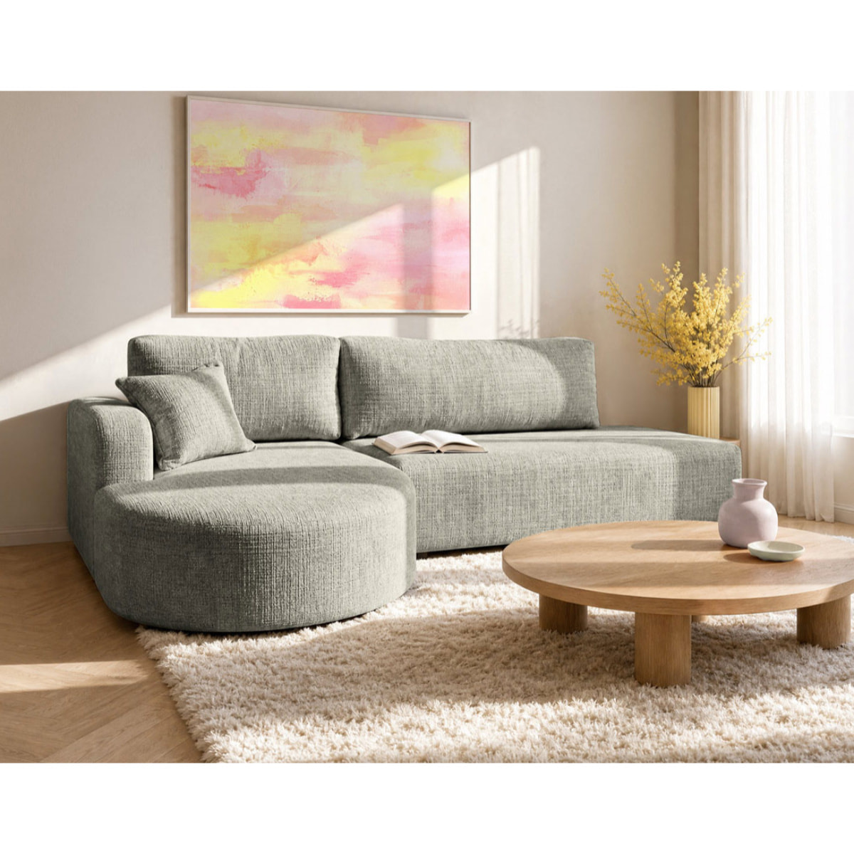 Miro - Canapé d'angle gauche 4 places convertible avec coffre en velours texturé - Gris