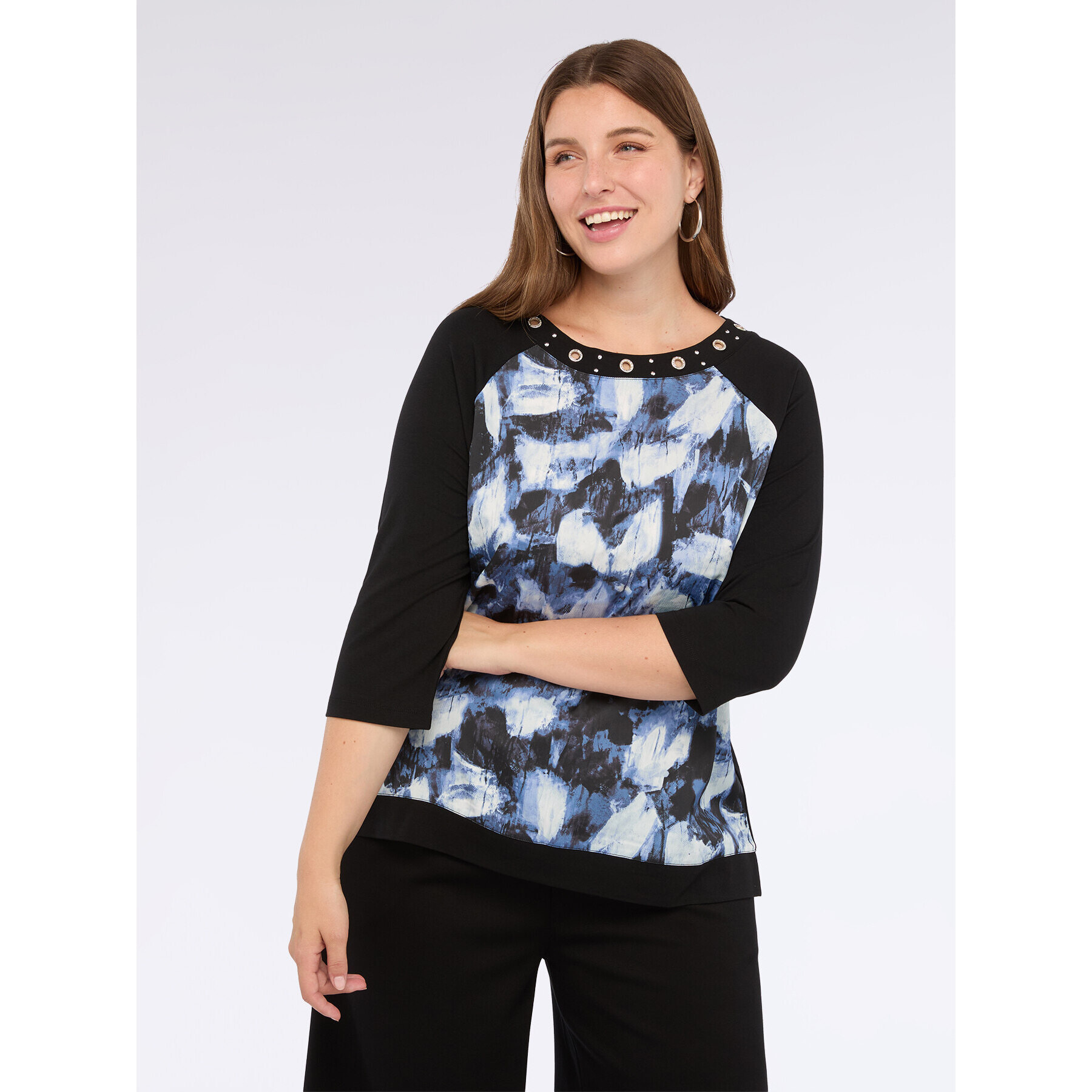 Fiorella Rubino - T-shirt bimaterica con occhielli sullo scollo - Nero