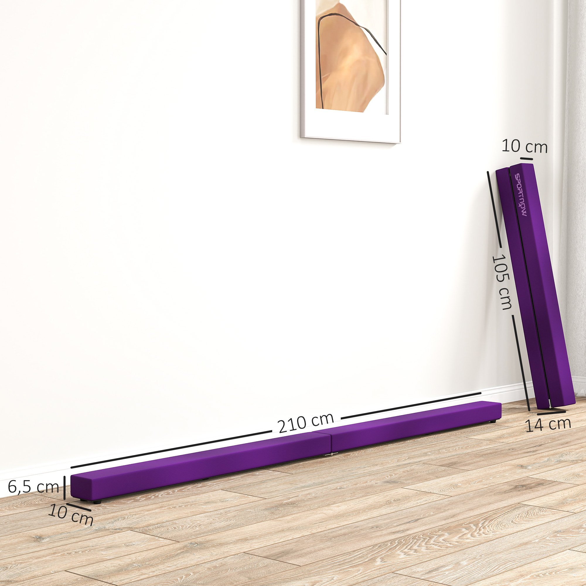 Poutre gymnastique pliable 210 cm - poutre d'équilibre antidérapante - bois de pin revêtement flanelle violet