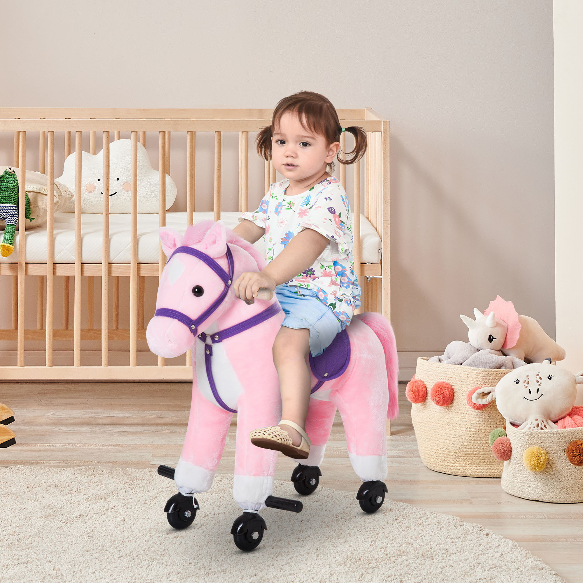 Caballito para Bebes de +36 Meses Caballo con Ruedas Sonidos de Relincho Palos y Pedales Carga 60 kg 55x23x60 cm Rosa