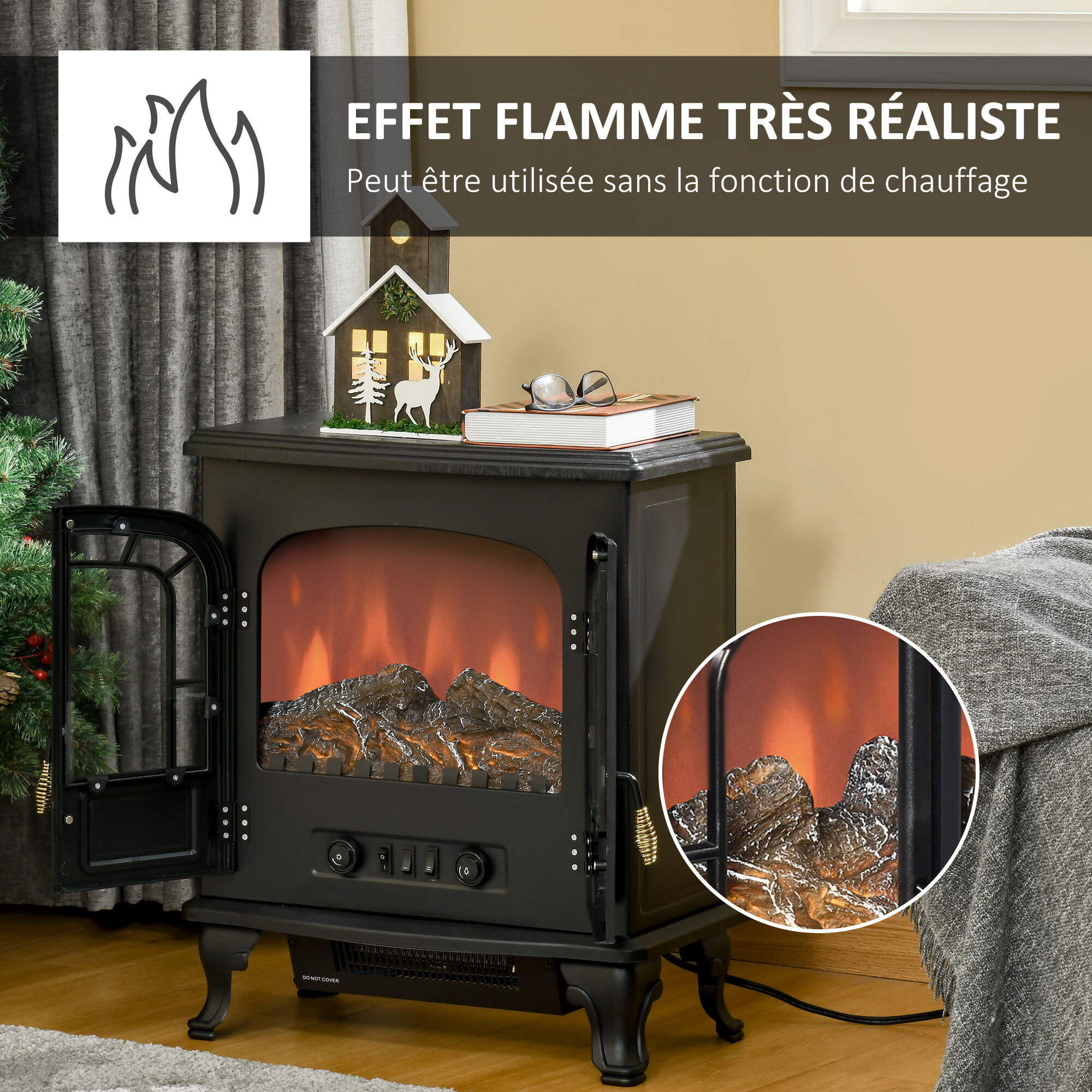 Cheminée électrique poêle style néo-rétro 2 portes verre trempé 1000/2000 W LED luminosité réglable acier ABS noir