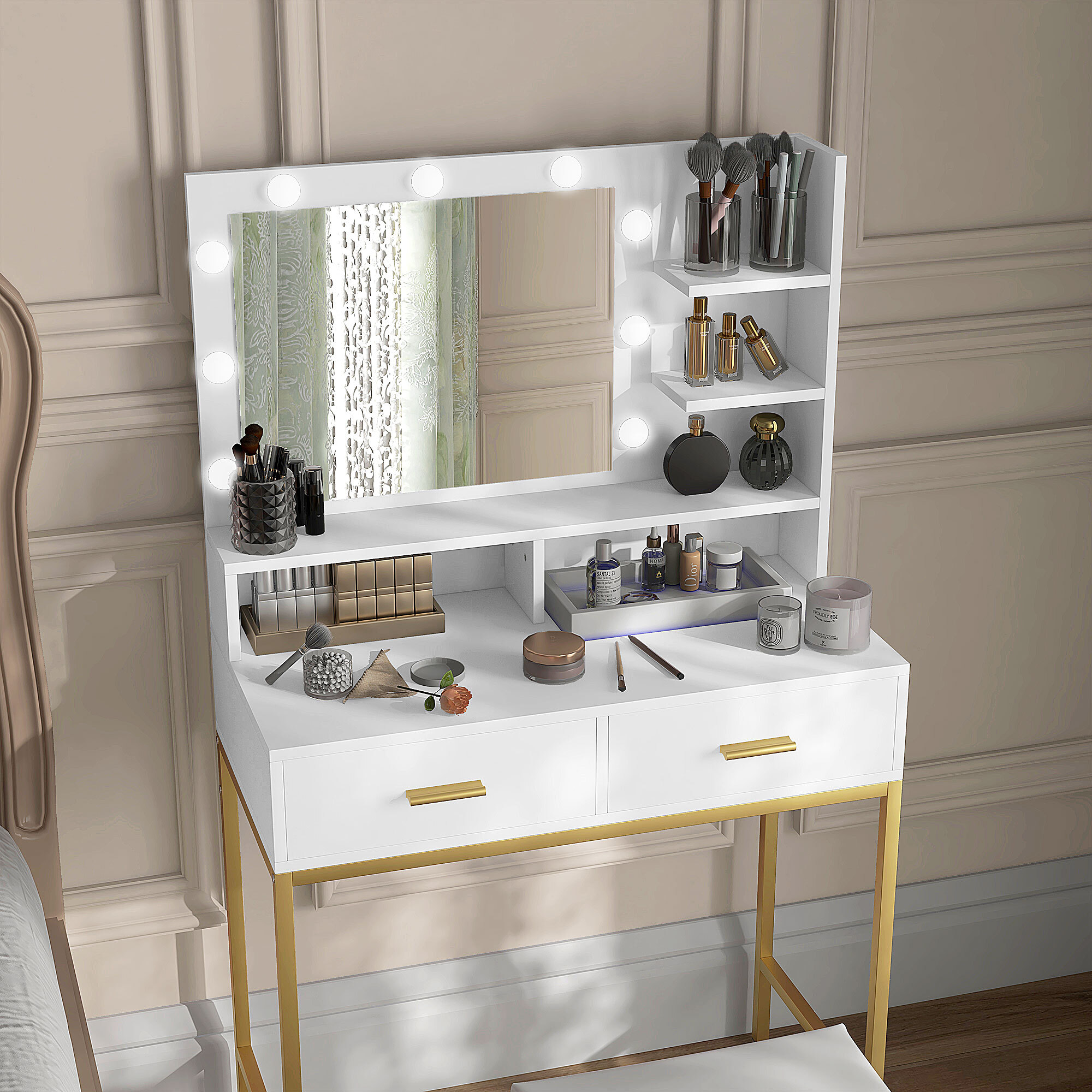 Tocador de Maquillaje con Luz y Taburete Mesa de Maquillaje con 2 Cajones y Estantes de Almacenamiento Estilo Moderno Tocador para Dormitorio Blanco