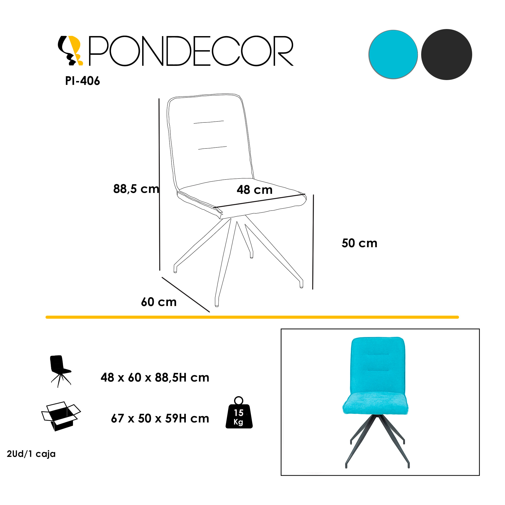 Set de 2 sillas – Terciopelo azul turquesa y estructura araña negra