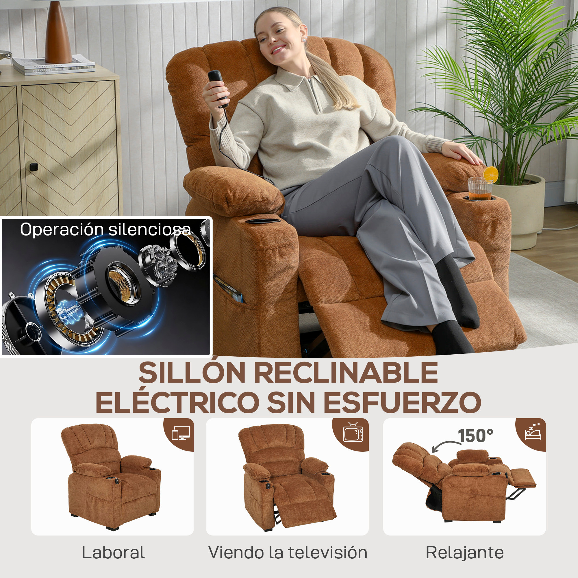 Sillón Relax Reclinable Eléctrico, Sillón Reclinable Silencioso de Terciopelo con Función Memoria, Reposapiés, Mando a Distancia, Bolsillos, Puerto USB, Portavasos, Respaldo Concha