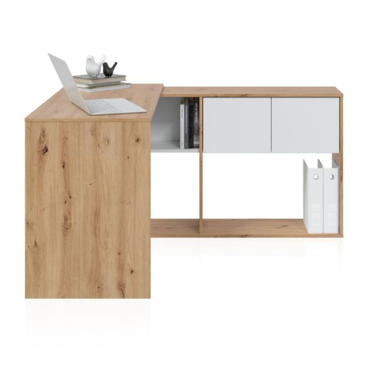 Mesa de escritorio con estantería Dess Blanco Artik (Blanco Mate) - Roble Nodi