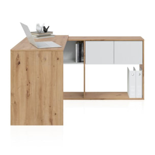 Mesa de escritorio con estantería Dess Blanco Artik (Blanco Mate) - Roble Nodi