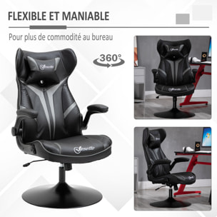 Fauteuil gaming base ronde métal pivotante 360° hauteur réglable tétière accoudoirs relevables PVC gris noir