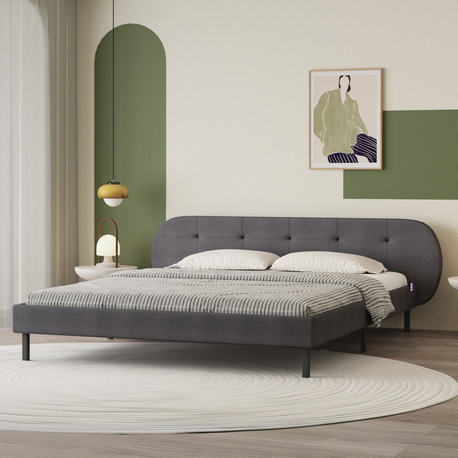 RENO Lit capitonné 140x190cm gris avec tête de lit et sommier