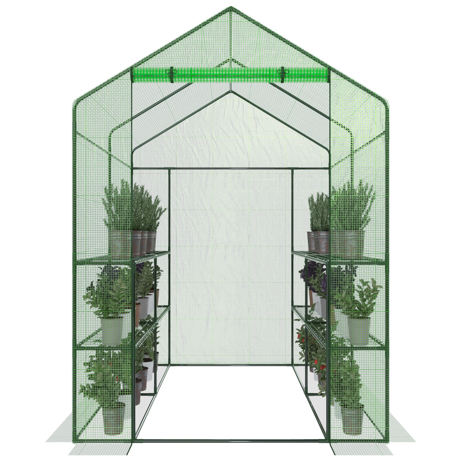 Serra Da Giardino Con 8 Scaffali Ripiani Per Piante Orto Telaio Acciaio Verniciato Telo PE Verde Porta Avvolgibile Apertura A Cerniera 143x138x190 Cm