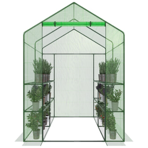Serra Da Giardino Con 8 Scaffali Ripiani Per Piante Orto Telaio Acciaio Verniciato Telo PE Verde Porta Avvolgibile Apertura A Cerniera 143x138x190 Cm