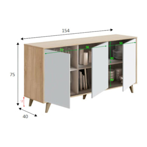 Credenza Arvada, Madia moderna a 3 ante e ripiani, Buffet da cucina, Buffet di design da soggiorno, cm 154x40h75, Rovere e Bianco