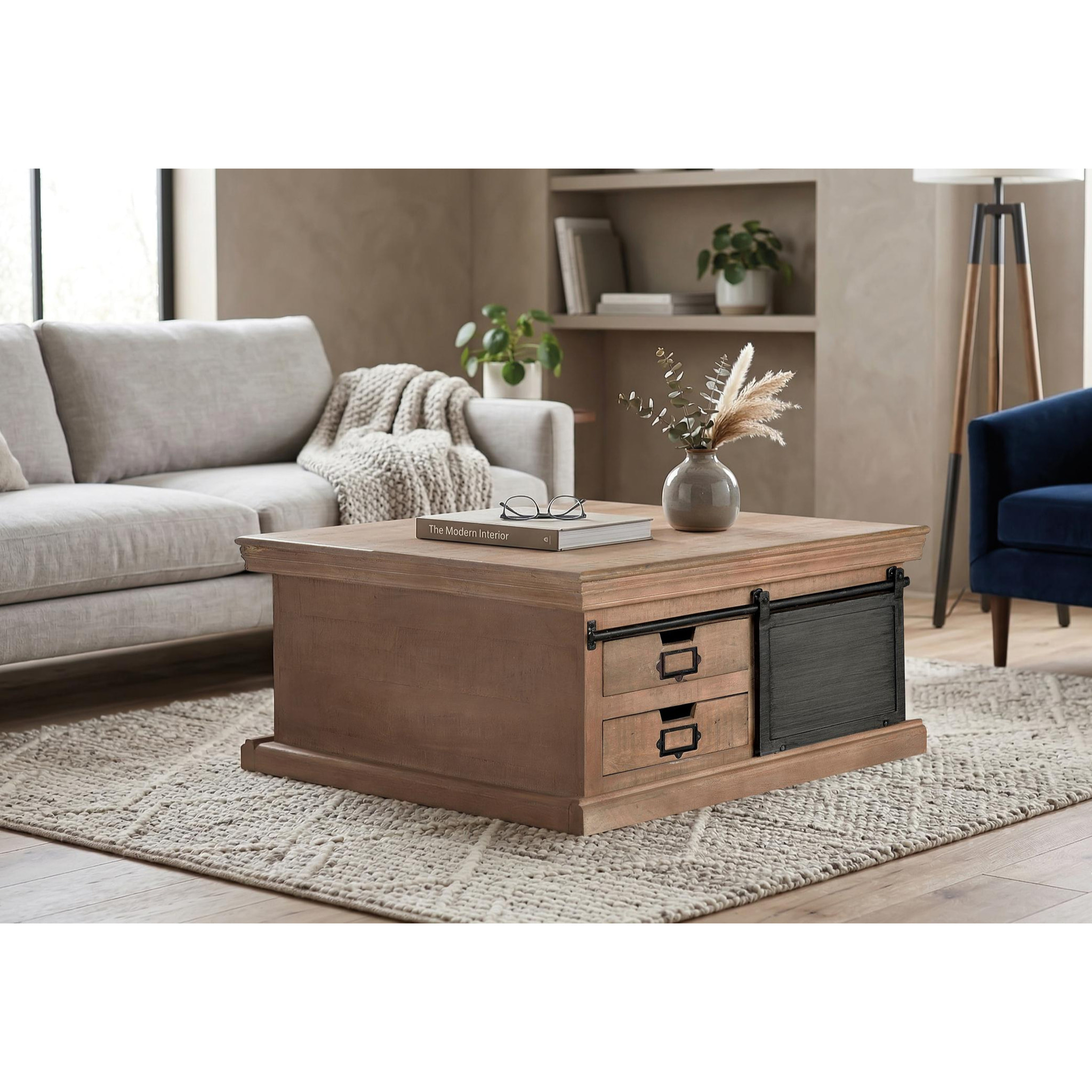 Mesas de Centro de Madera de Mango 90 Cm Estilo Industrial Moderno