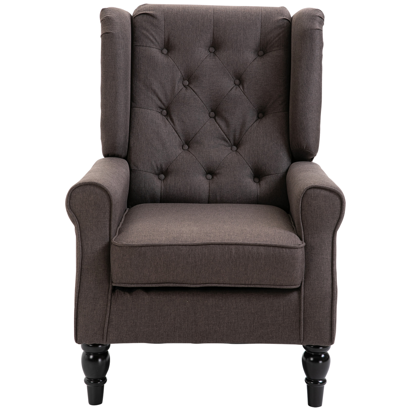 Fauteuil à oreilles style Chesterfield dossier capitonné grand confort bois noir tissu chocolat