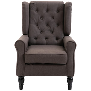 Fauteuil à oreilles style Chesterfield dossier capitonné grand confort bois noir tissu chocolat