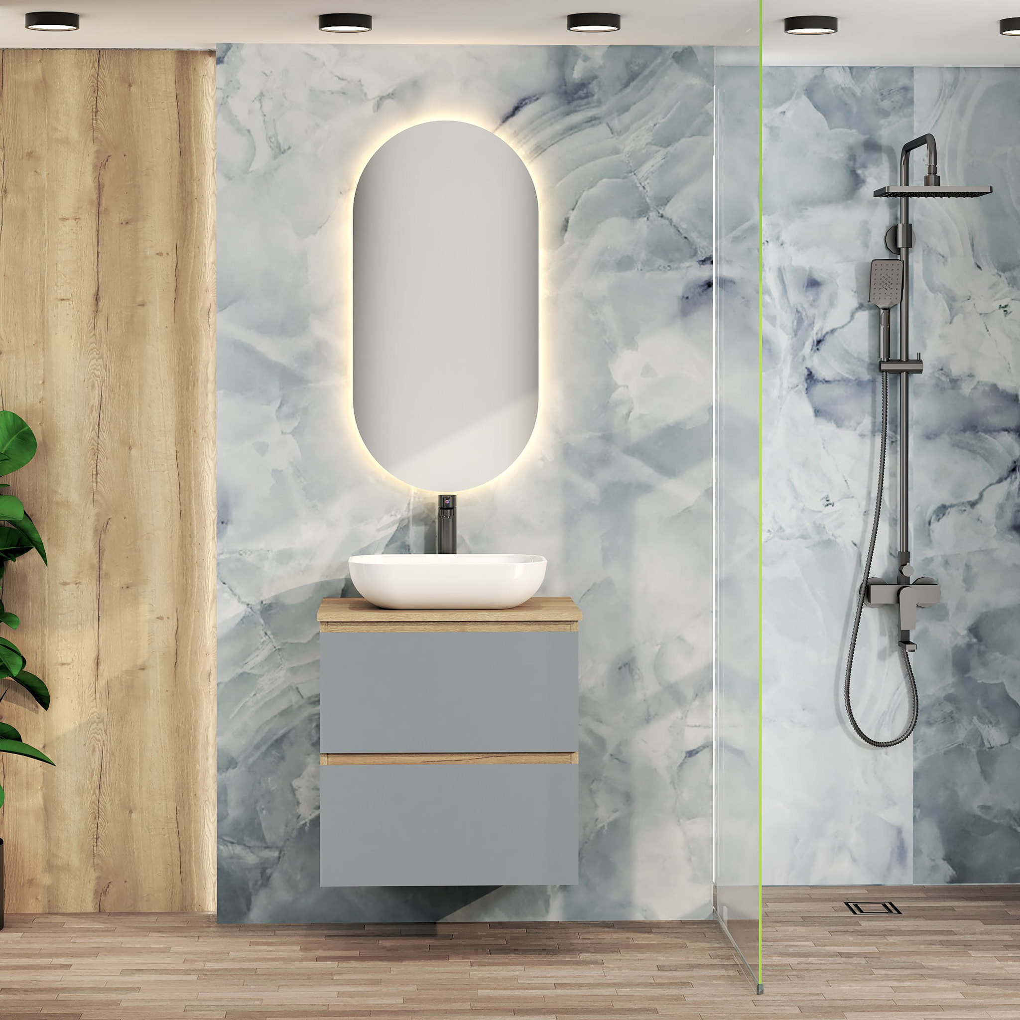 CONJUNTO DE BAÑO NIA | MUEBLE SUSPENDIDO | 60 CM AZUL | DOS CAJONES | LAVABO SOBREPUESTO | NO INCLUYE ESPEJO | MUEBLE MONTADO| ALDAY