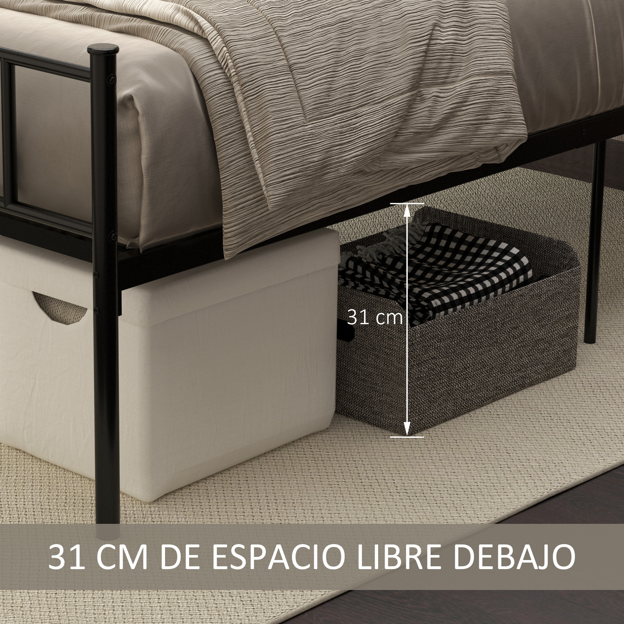 Marco de Cama Individual de Metal 31 cm para Colchón 90x190 cm con Cabecera Forma de Corazón Estructura de Cama con Espacio Bajo de Almacenamiento 95x196x100 cm Negro