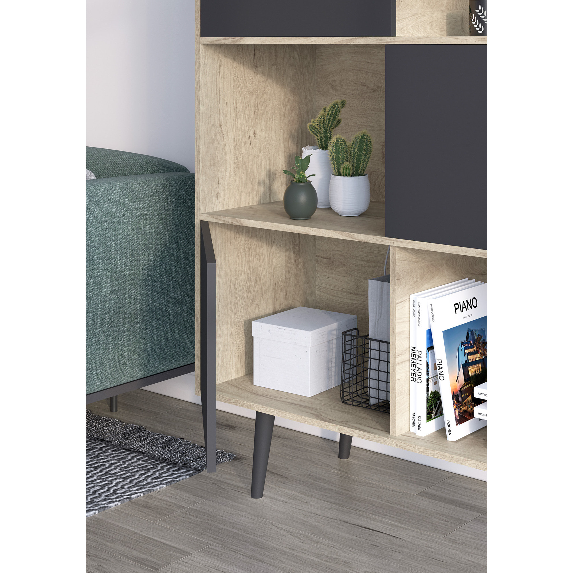 Estantería librería Nordic melamina roble claro-grafito 131x100x30 cm