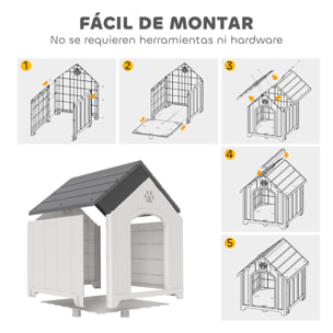 Caseta para Perros Exterior, Casa para Perros Grandes de Plástico Impermeable con 2 Ventanas, Base Elevada, Estacas, Fácil de Montar, 88x79x89 cm, Gris