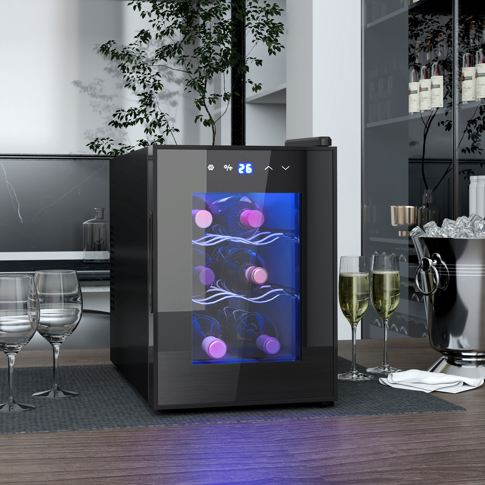 Nevera Vinos 6 Botellas 17L Vinoteca Silenciosa con Luz LED Interior Pantalla LED Táctil Temperatura Regulable 8-18 ℃ Puerta de Vidrio Templado Anti-UV y 2 Estantes Ajustables Negro