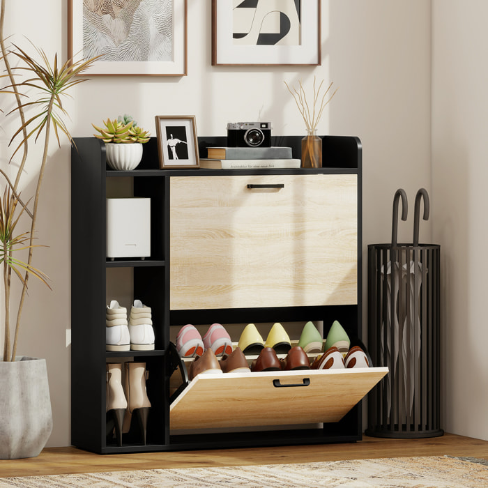 Zapatero Estrecho 2 Puertas, Zapatero Entrada Recibidor con 3 Estantes Laterales y Estantes Ajustables, para 15 Pares de Zapatos, para Pasillo, Espacio Reducido, 83x24x90,5 cm, Natural y Negro