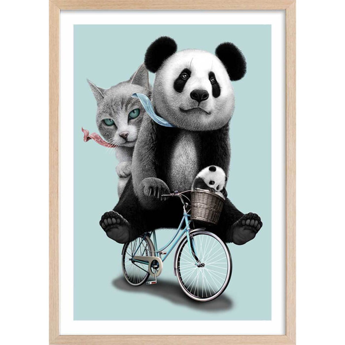 Affiche enfant amis à bicyclette  Affiche + cadre en bois - Chêne