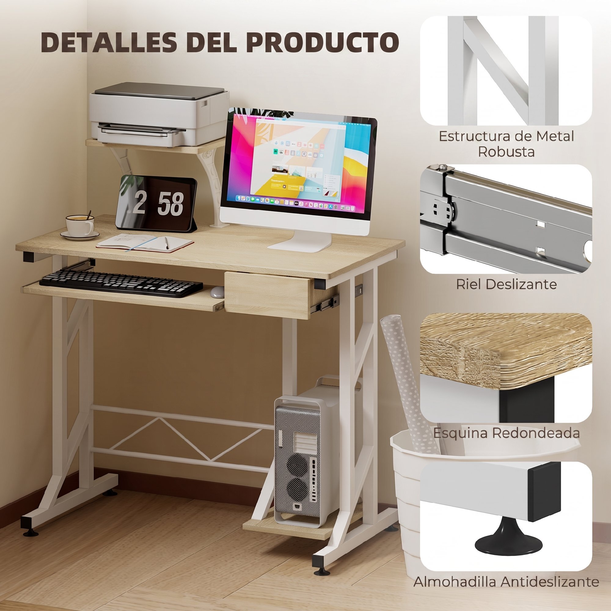 HOMCOM Mesa de Escritorio Mesa de Estudio con Bandeja de Teclado y Cajón Mesa de Ordenador para Despacho Oficina 90x50x100 cm Roble