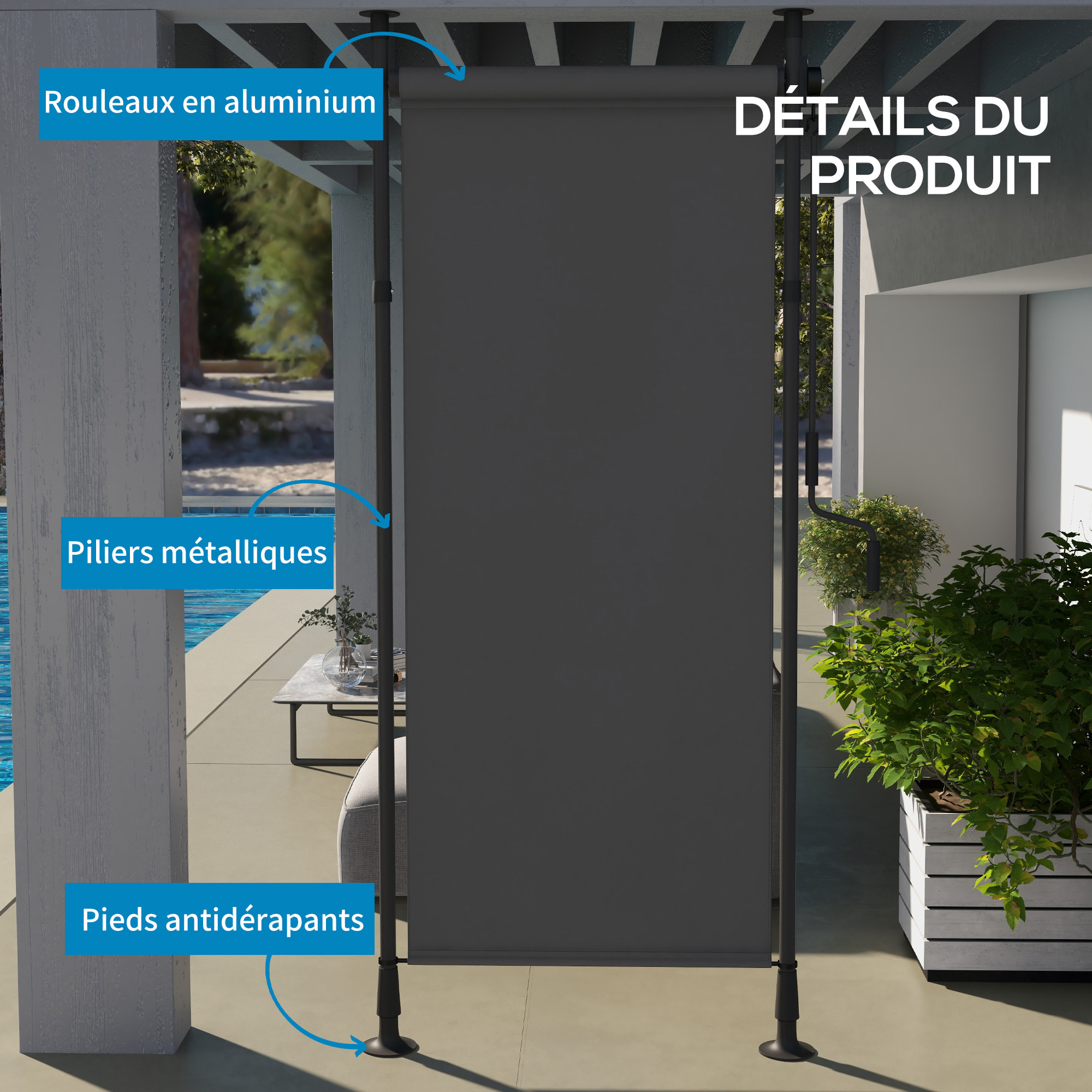 Store extérieur sur pied store manuel rétractable enroulable réglable gris foncé
