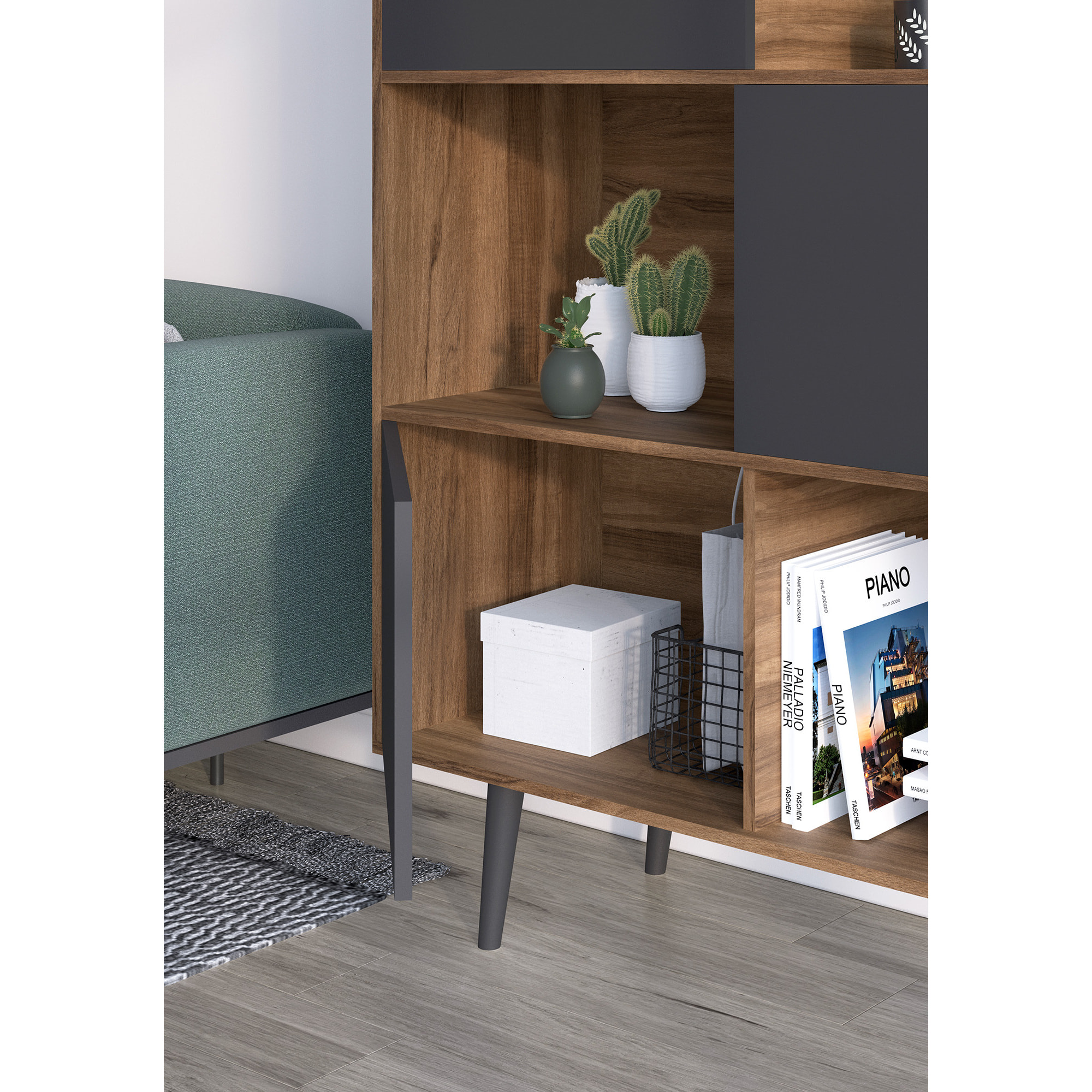 Estantería librería Nordic melamina nogal-grafito 131x100x30 cm