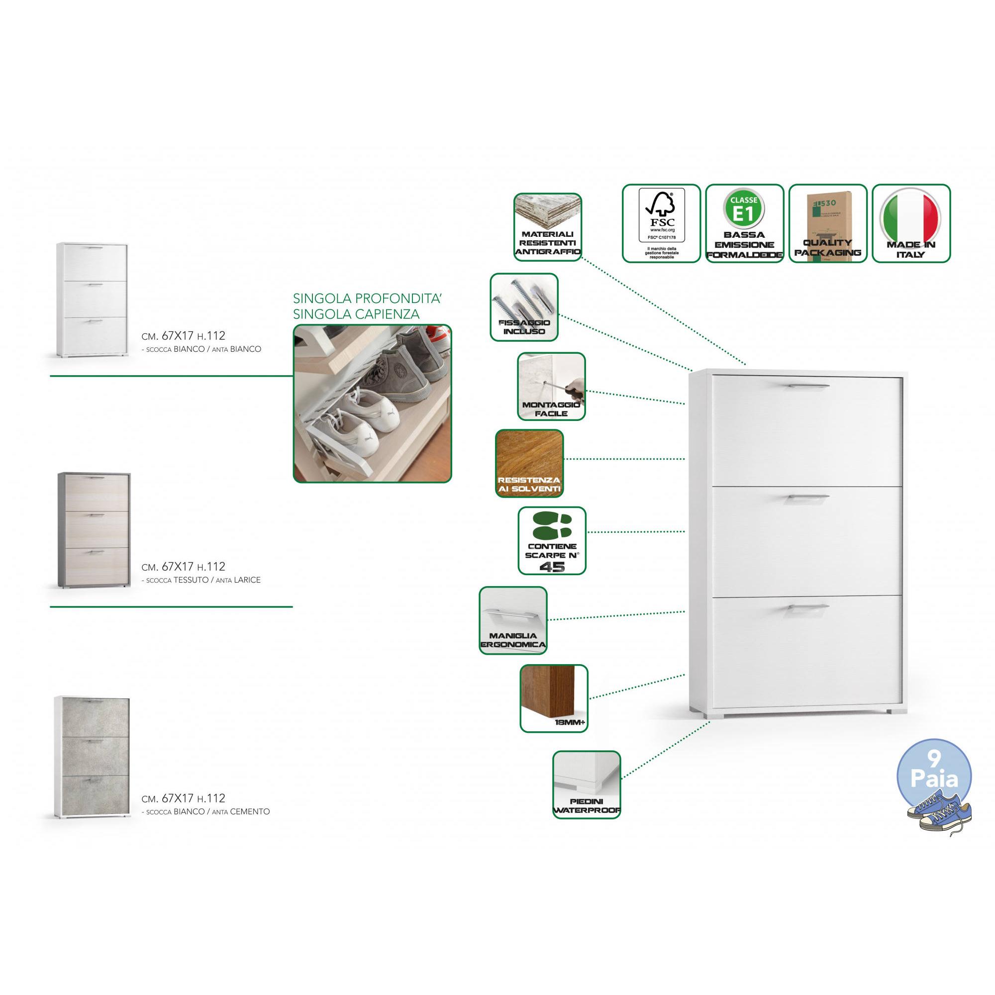 Scarpiera Iris, Mobile multiuso da ingresso con 3 ante a ribalta, Armadietto portascarpe moderno, 100% Made in Italy, Cm 67x18h112, Bianco e Cemento