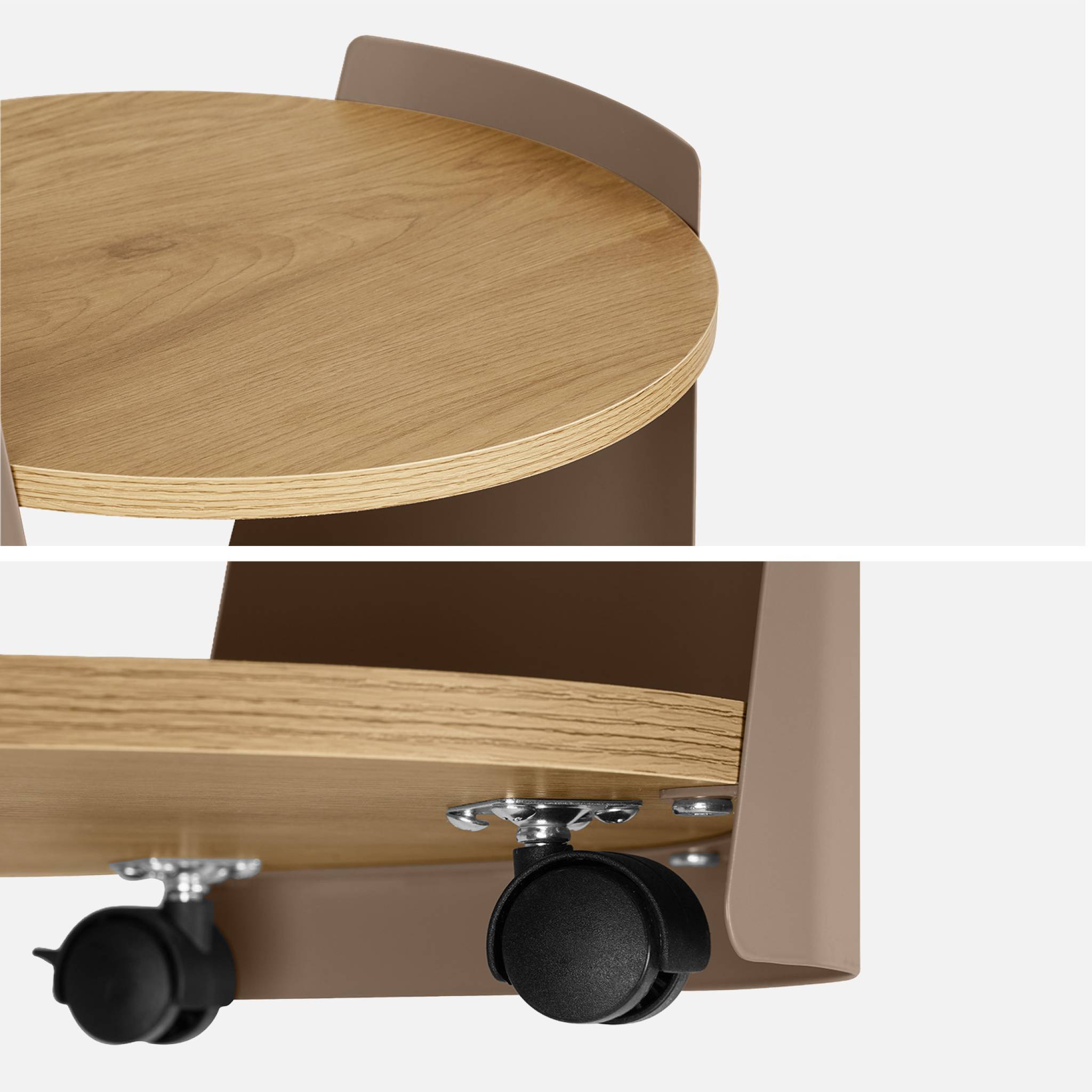 Table d'appoint, table de chevet métal courbé et décor bois avec roulettes MOLTO