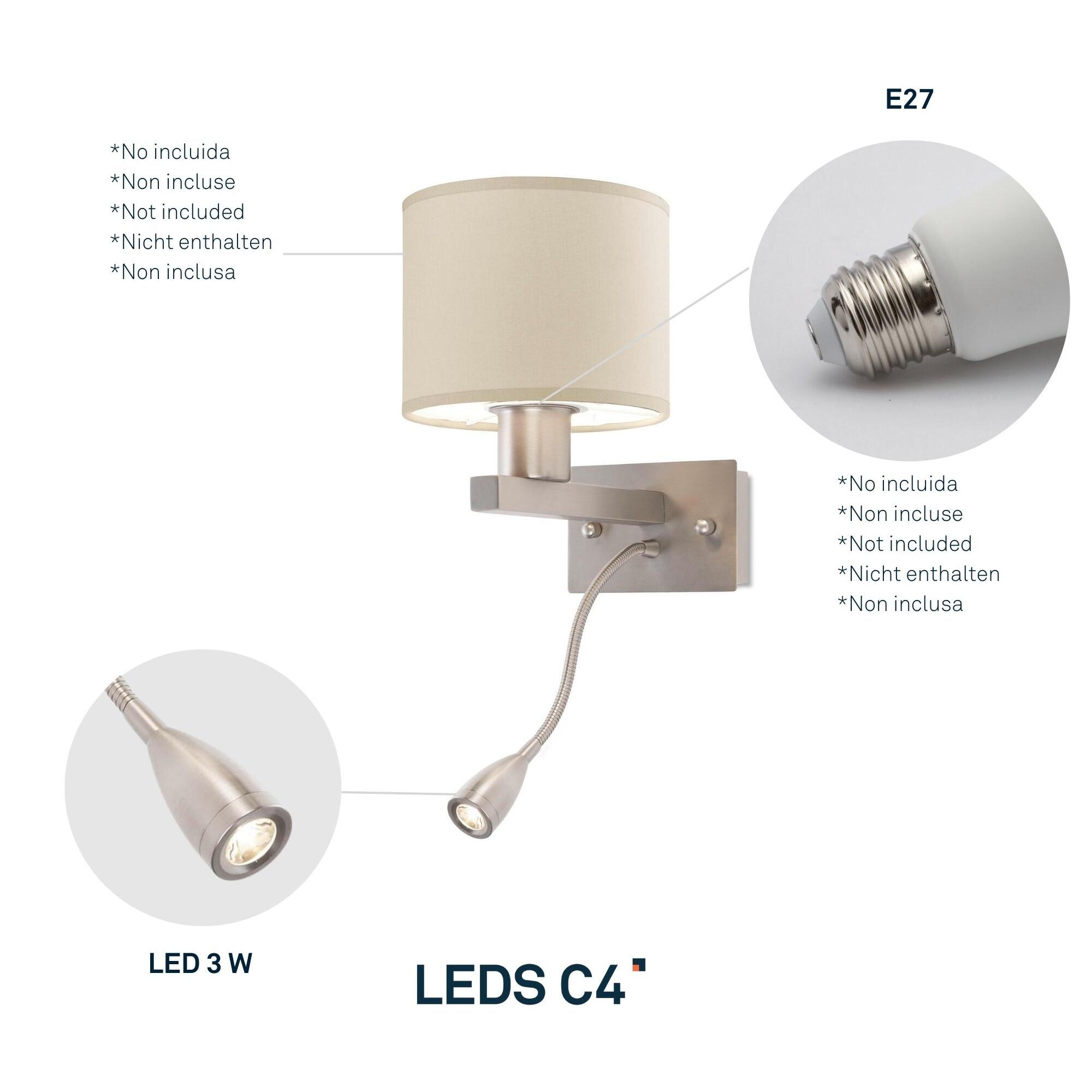 LEDS C4 Aplique LED Torino E27 60W en níquel satinado, compatible con pantalla no incluida