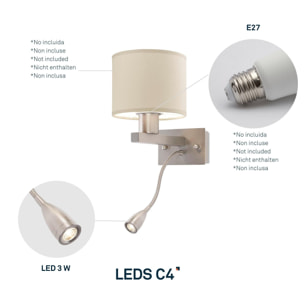 LEDS C4 Aplique LED Torino E27 60W en níquel satinado, compatible con pantalla no incluida