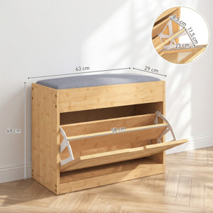 Banco Zapatero, Banco Recibidor con Asiento Acolchado, Cajón Abatible, Puerta de Ratán, Estante Ajustable, para Entrada, Pasillo, Salón, 63x29x48 cm, Natural y Gris