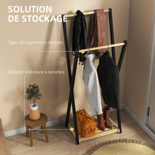 Portant à vêtements design contemporain - 2 barres, étagère - bois de pin naturel noir