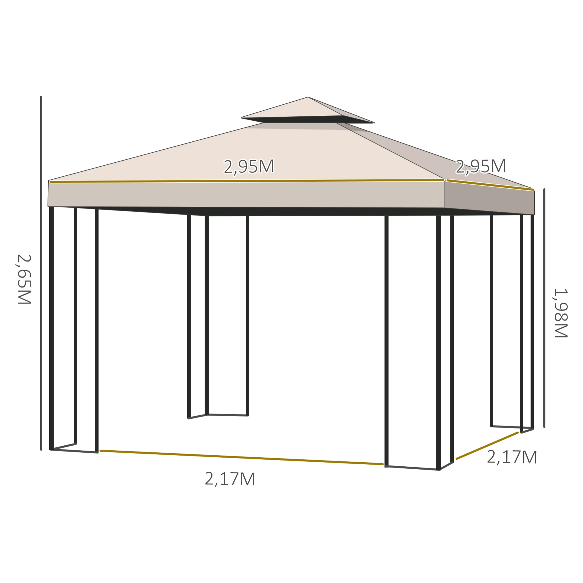 Tonnelle barnum style colonial double toit toiles latérales amovibles 2,95L x 2,95l x 2,65H m beige noir