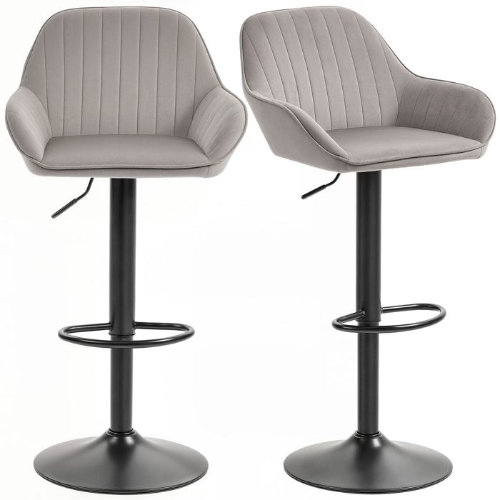 Lot de 2 tabourets de bar design velours pivotant avec repose-pieds acier noir gris