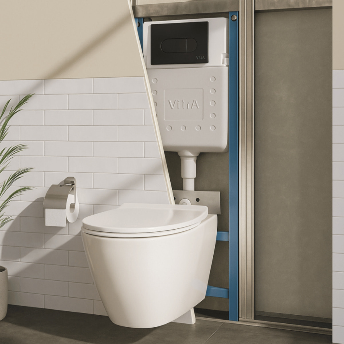 Pack WC suspendu VITRA Sento blanc + bâti autoportant V-Fix Core + Plaque Round Noir mat