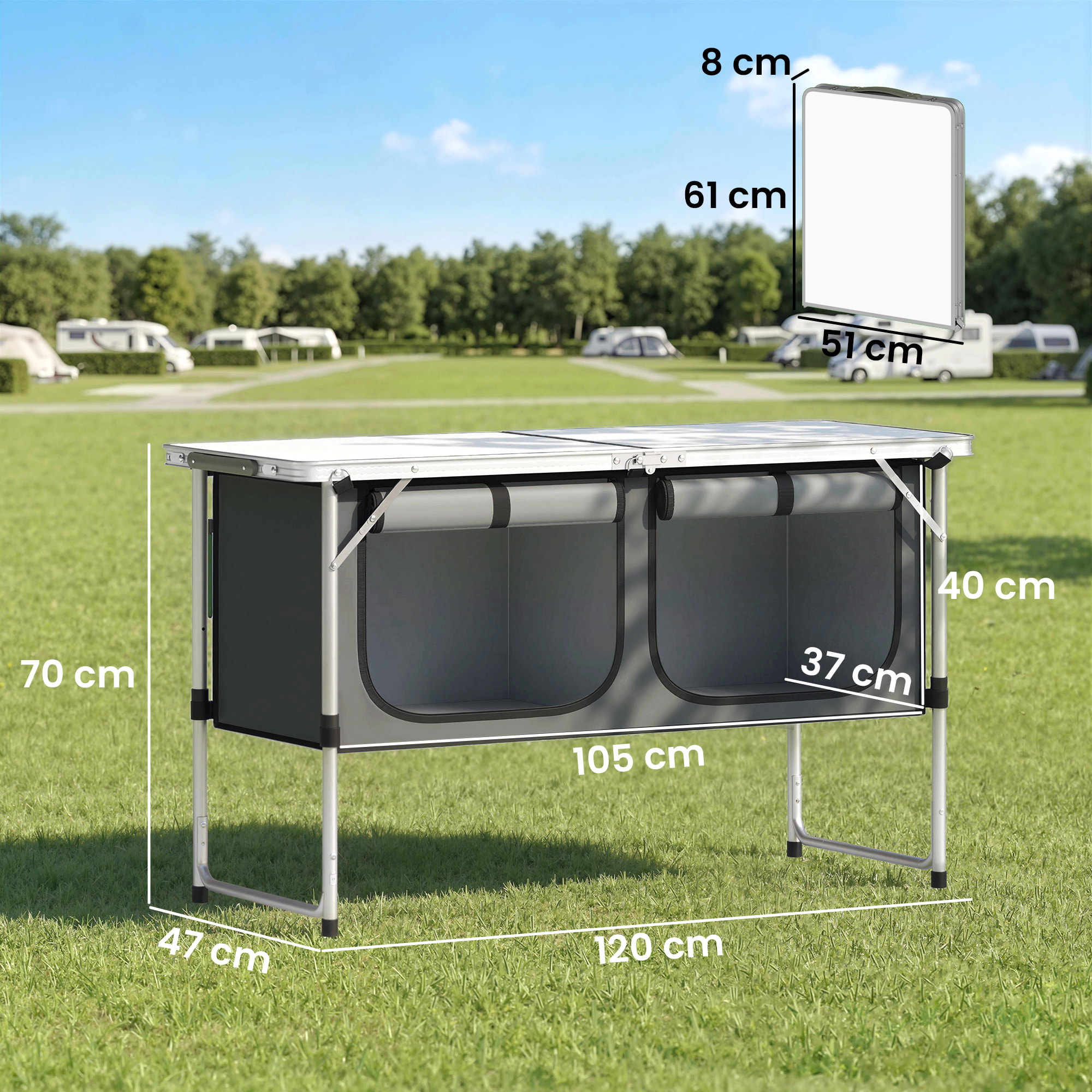 Mesa de Cocina de Camping Plegable, Mueble de Cocina de Camping Portátil con Armario de Tela Oxford, Marco de Aluminio, para Picnic, BBQ y Actividades al Aire Libre, 120x47x70 cm, Plateado