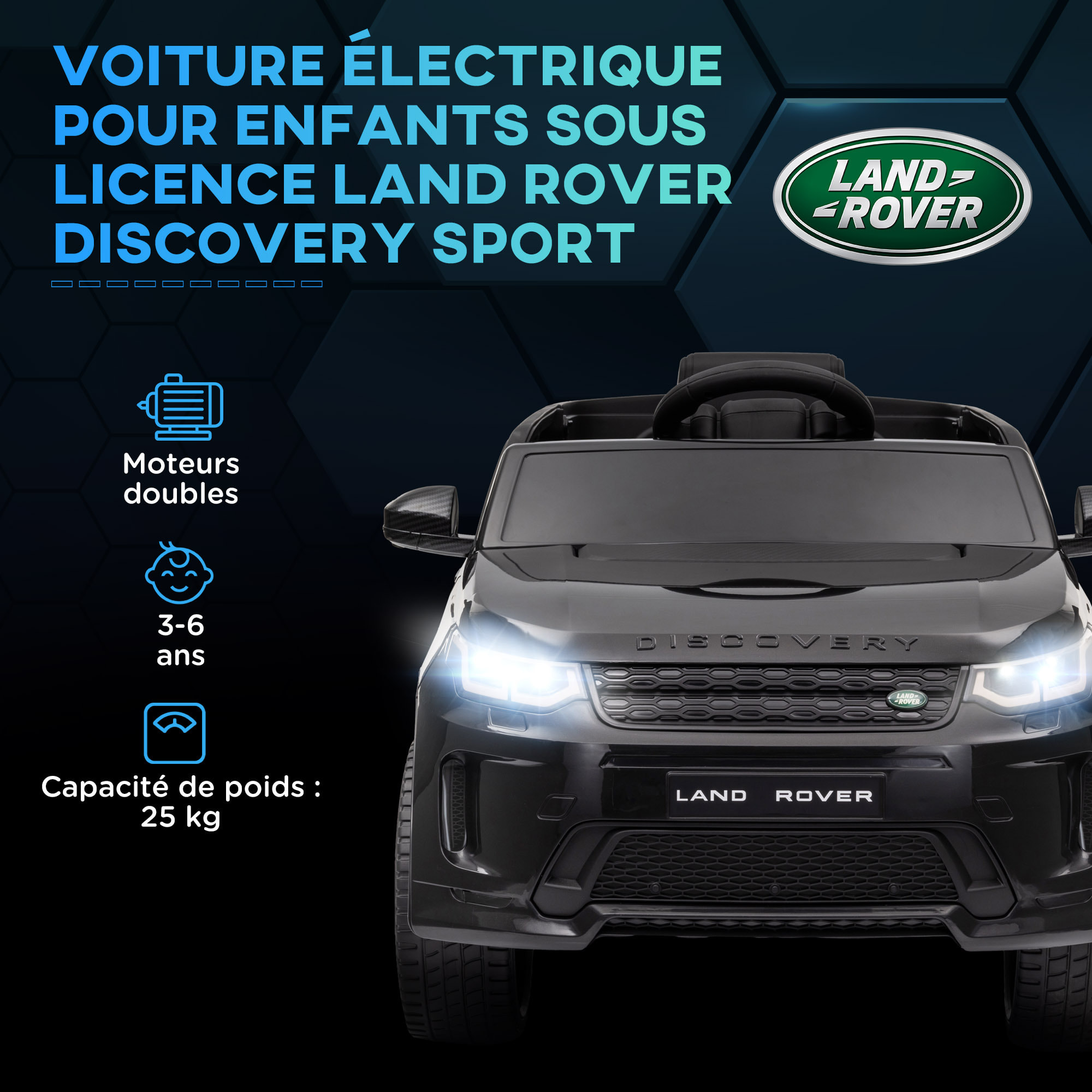 Voiture électrique enfant licence officielle Land Rover Discovery Sport - 12V, 5Km/h max. - nombreux effets - télécommande - noir