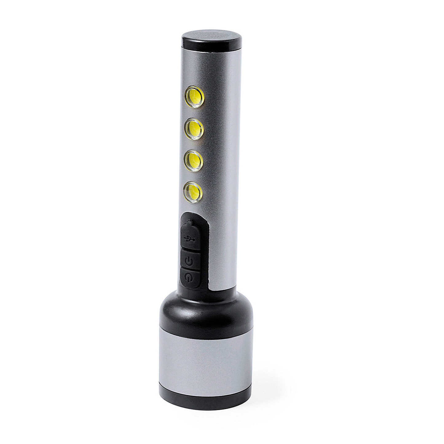 Linterna Eterial de aluminio. Potente y recargable con 1 LED frontal y 4 luces COB, 3 modos de iluminación y batería de 1200 mAh.