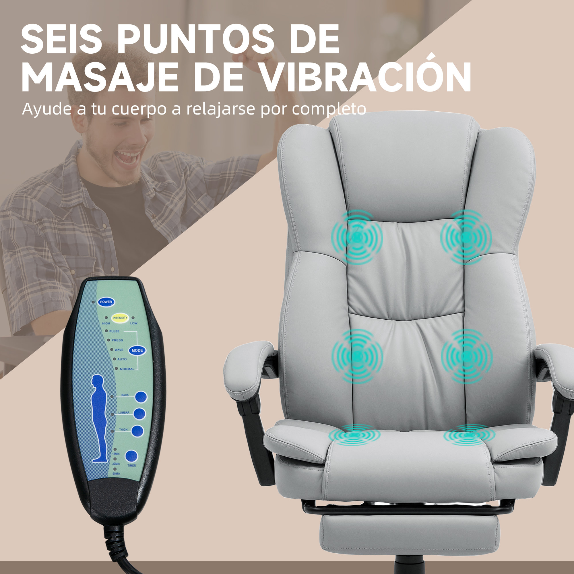 Silla de Oficina con 6 Puntos de Masaje, Silla de Escritorio Giratoria con Respaldo Reclinable 135º, Altura Ajustable, Reposapiés Retráctil y Control Remoto, Gris Claro