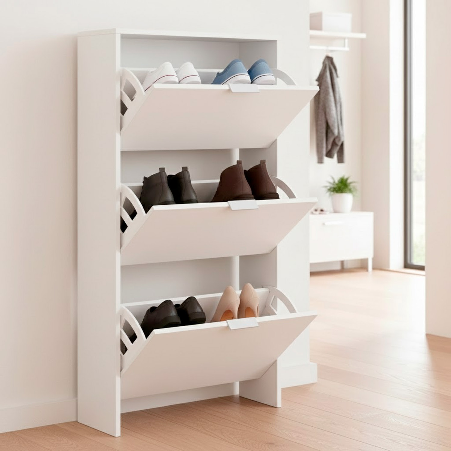 Scarpiera A Ribalta Salvaspazio 3 Ante E 6 Ripiani Mobile Portascarpe Fino A 20 Paia Di Scarpe Ingresso Corridoio Retro Porta 113 x 60 x 22 Cm Bianco